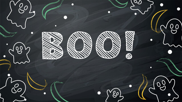 Blackboard frame with cute Halloween ghost and colorful decorative elements. Boo text.