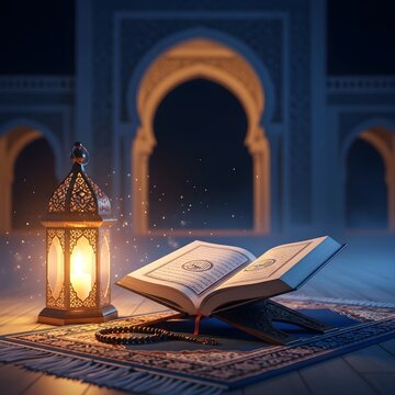 Open Quran Book with Lantern on Prayer Carpet Inside Mosque, Islamic Ramadan Worship Background for Reading Quran, Spiritual Study, Faith, Religious Celebration, and Muslim Lifestyle Design