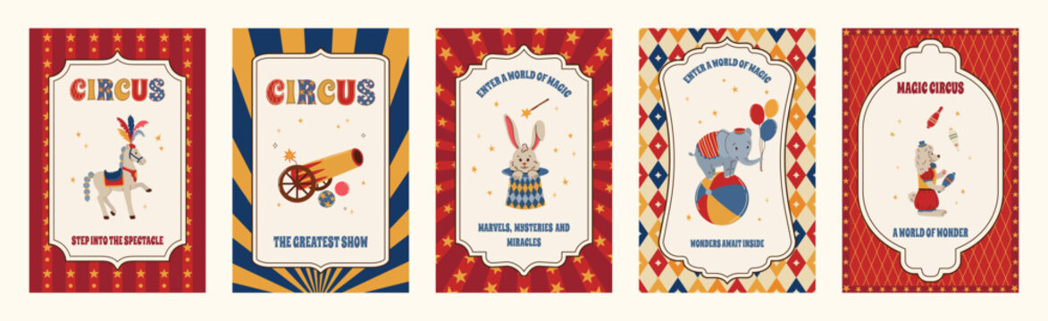 Set of five circus vintage posters in retro colors. Flat vector illustration. Horse, bunny in hat, elephant and dog in hand drawn style. For card, childrens event, background or invitation