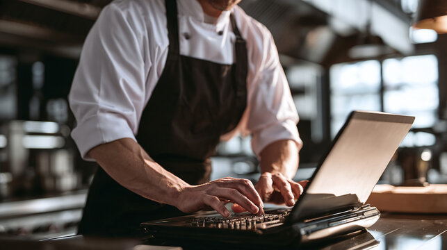 Chef use laptop computer for manage recipe order in restaurant kitchen
