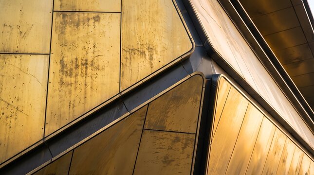 Geometric architectural details with aged brass panels and dark joints