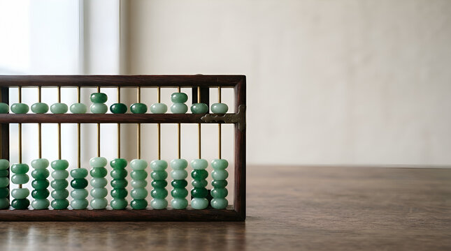 Wooden abacus with green beads on white rods in black frame, educational counting tool for learning mathematics and numbers