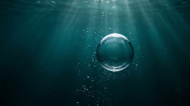 Single large transparent bubble ascending in deep blue underwater with sun rays keywords