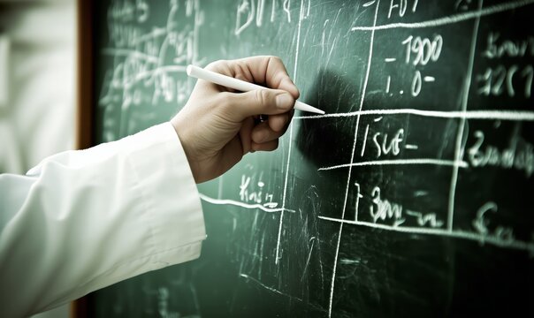 hand writing on chalkboard. Close-Up of Hand Writing Mathematical Formulas and Data Table on Chalkboard Representing Education, Science and Analytical Research Work
