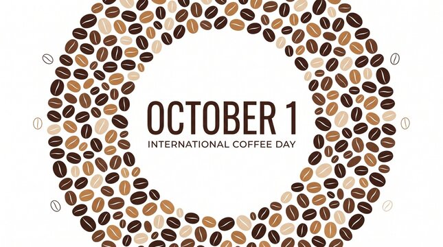 International Coffee Day vector graphic banner with circular frame made of roasted coffee beans