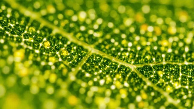 Macro leaf veins with water droplets natural green texture slow zoom out