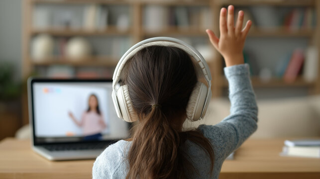 Girl with headphones raising hand during online video lesson on laptop, remote learning at home, teacher on screen, distance education concept