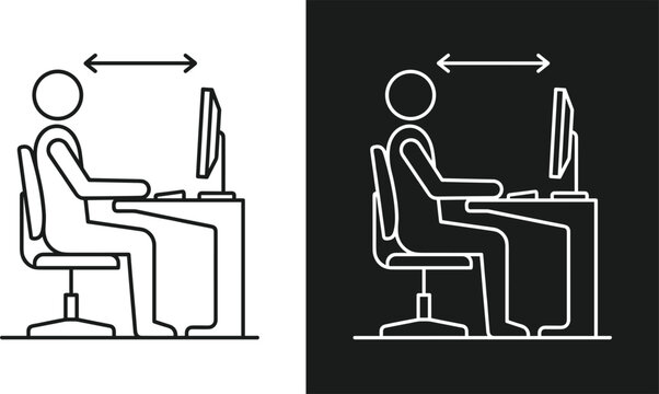Ergonomic computer screen distance guide icons showing stick figure sitting at desk with proper eye safety positioning