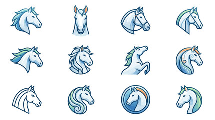 Fototapeta premium Set of twelve stylized horse head icons and equestrian symbols.