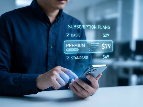 Person using smartphone to view digital subscription plan tiers on a virtual interface with subscription