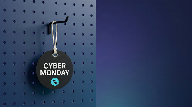 Cyber Monday sale tag hanging on a pegboard isolated on transparent background for marketing