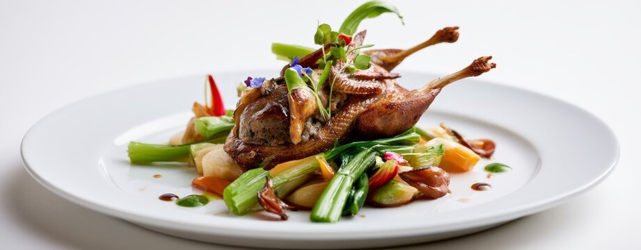 Italian Michelin Star Copy Space, roasted quail stuffed with truffle farce and baby vegetables, contemporary Italian gastronomy, clean negative space for pricing design