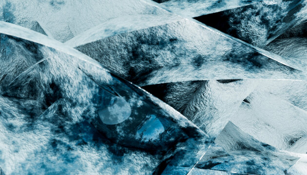 Close-up of blue ice cubes with frosted texture