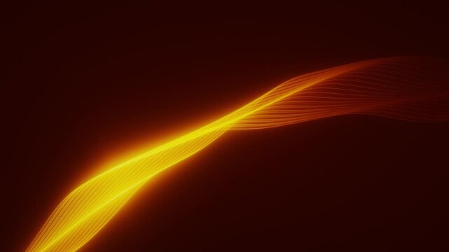 Luminous gold fiber optic wave undulating with fine linear threads over a dark warm ambient backdrop in a 3D motion background