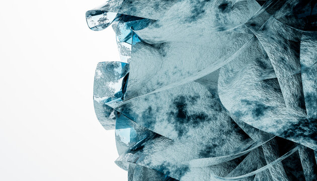 Abstract blue curved glass structure with reflective texture