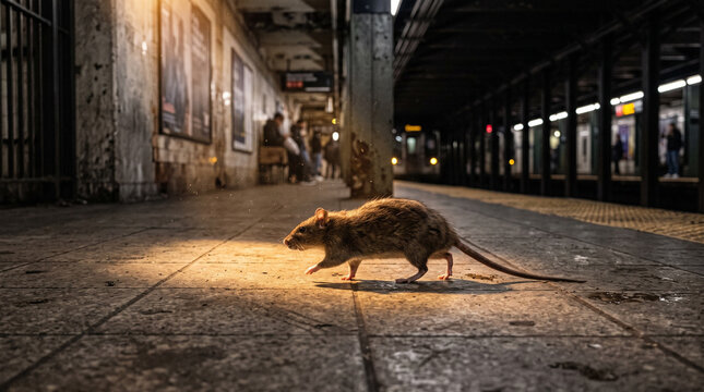 Brown rat walking across a tiled subway platform. Urban rodent illuminated by artificial light in an underground transit station