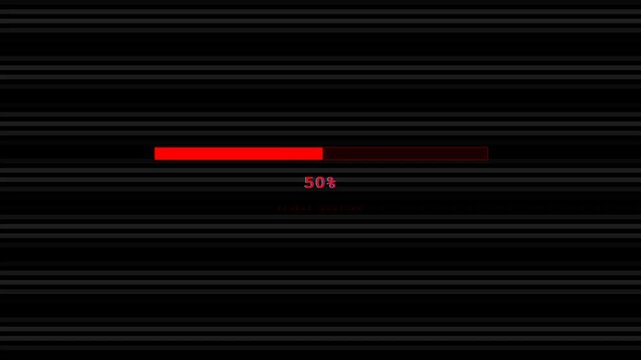 A red digital progress bar steadily fills on a dark screen with scanlines, accompanied by a rising percentage counter and the text SIGNAL LOADING in a futuristic UI design.
