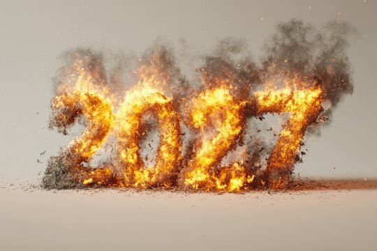 Fiery 2027 numbers formed by realistic bright flames and glowing sparks on a dark background, dramatic New Year concept.