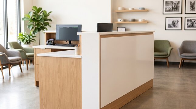 Modern veterinary clinic reception desk with computer monitor and waiting area chairs bright interio