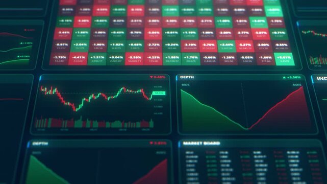 Full trading workstation screen with heatmap, price chart, depth panel and market board. Professional broker software and financial data