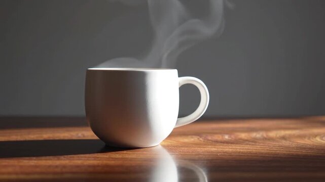 A steaming white ceramic cup of hot coffee sits on a polished wooden table, with wisps of vapor gracefully rising against a minimalist dark grey background in soft morning light.
