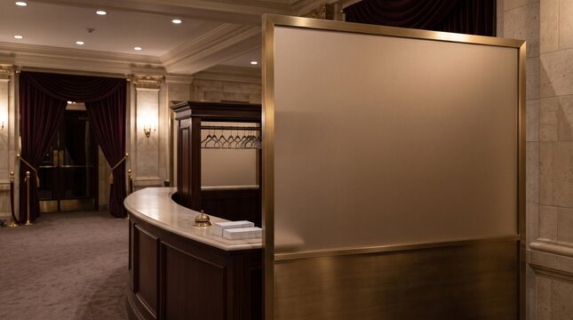 Elegant hotel cloakroom service counter featuring frosted glass partition and brass frame at entranc