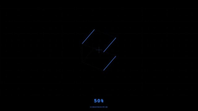 A futuristic loading sequence shows a blue wireframe geometric shape rotating against a black background. A digital counter increases from 11% to 79% as the structure dynamically evolves.