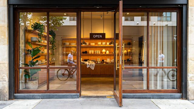 Modern storefront with open glass doors wooden interior display plants and bicycle