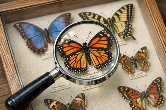 Close-up view of a magnifying glass with butterflies in focus