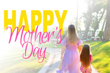 Naklejka premium Happy Mother's Day celebration on May 10 with mother and daughter outdoors