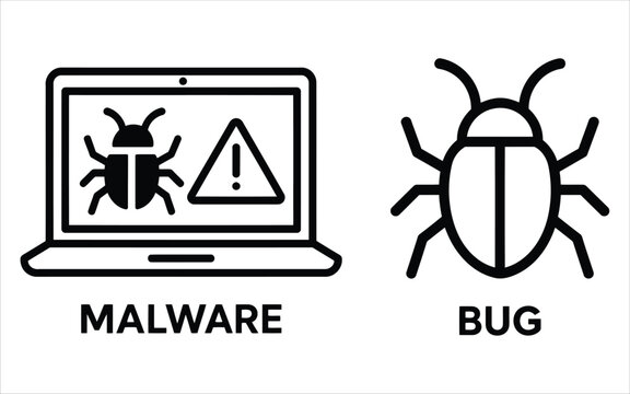 Malware and bug identification icons displaying infected laptop with warning sign and large beetle insect graphic.