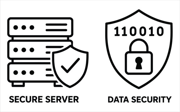 Secure server and data security icons featuring binary code and encryption shield for cloud computing safety.