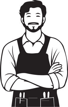 Friendly young male barista standing with arms crossed in a coffee shop apron. Black and white vector line art outline for cafe staff avatars, coffee shop logos, coloring pages, and KDP.