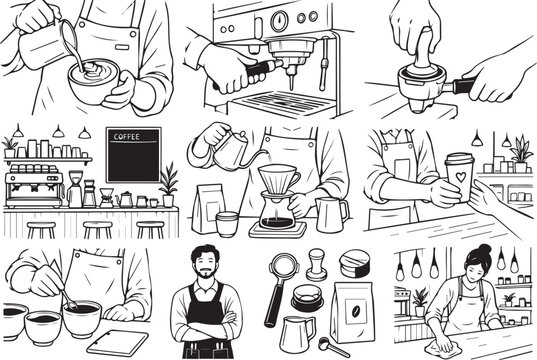 Set of 10 coffee shop and barista line art vector illustrations. Black and white outline collection of latte art, espresso making, pour over, and cafe scenes for coloring pages and KDP.
