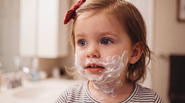 Little Girl with Toothpaste Foam Around Mouth