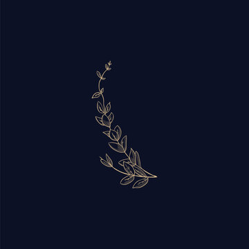 Curved golden line art of a botanical garland with intricate leaves and delicate textures on a sophisticated dark blue background.