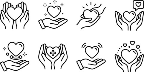 Obraz premium Set of minimalist hand-drawn icons showing hands holding or giving hearts for charity and love themes
