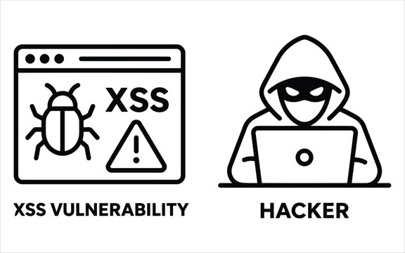 Xss vulnerability bug web alert icon and hooded hacker using laptop computer for security awareness visual aids.
