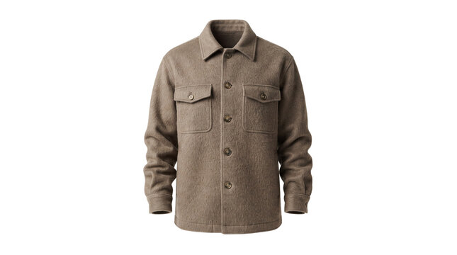 Brown wool shirt jacket with chest pockets, heavy flannel overshirt for men, warm winter shacket isolated on white background