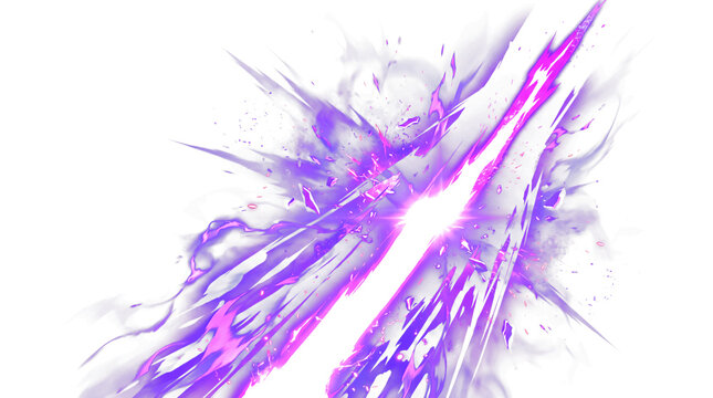 Purple magic sword slash effect with glowing neon energy and white impact flash, isolated on transparent background for game VFX