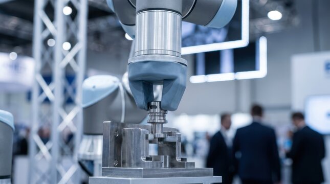 Collaborative robot placing a titanium component into a fixture at a technology exhibition booth with blurred attendees