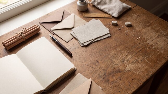 Rustic wooden desk with open notebook envelopes and fountain pen