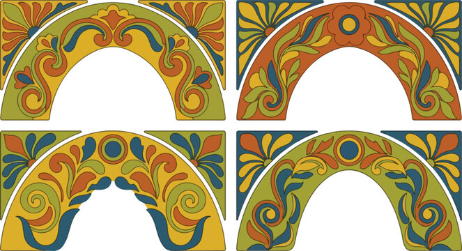 Vintage Art Nouveau Floral Arch Borders Mediterranean Tile Vector Set