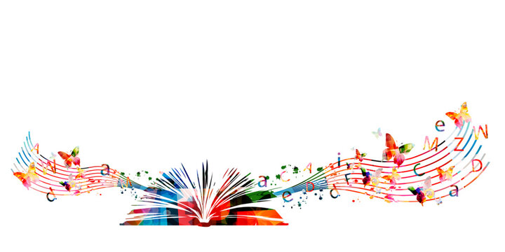 Open Book with Colorful Education and Literature Elements Vector Illustration