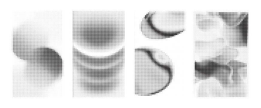 Monochrome halftone pattern background set with abstract circle and fluid geometric shape design
