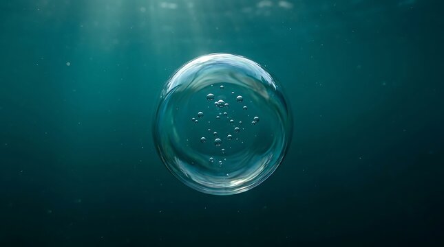 Underwater bubble with internal bubbles against a dark teal ocean background, with sun rays