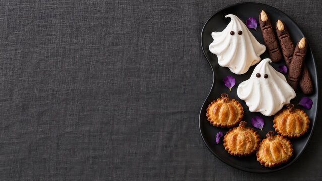 Halloween themed assortment of ghost meringue, pumpkin cookie, and witch finger cookie on black plate with dark background