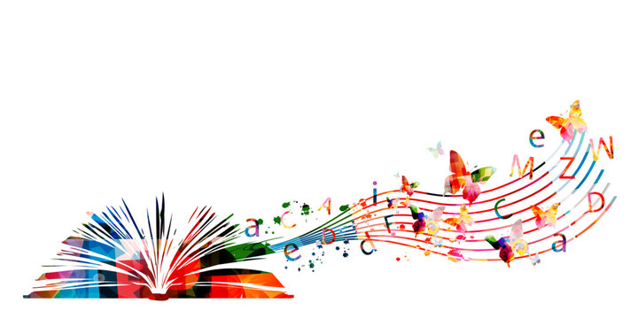 Open Book with Colorful Education and Literature Elements Vector Illustration