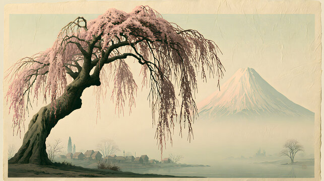 Mount Fuji and Weeping Cherry Blossom Tree Serene Japanese Spring Watercolor Landscape