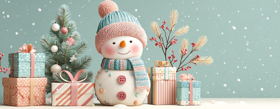 Cheerful snowman with holiday gifts and tree.